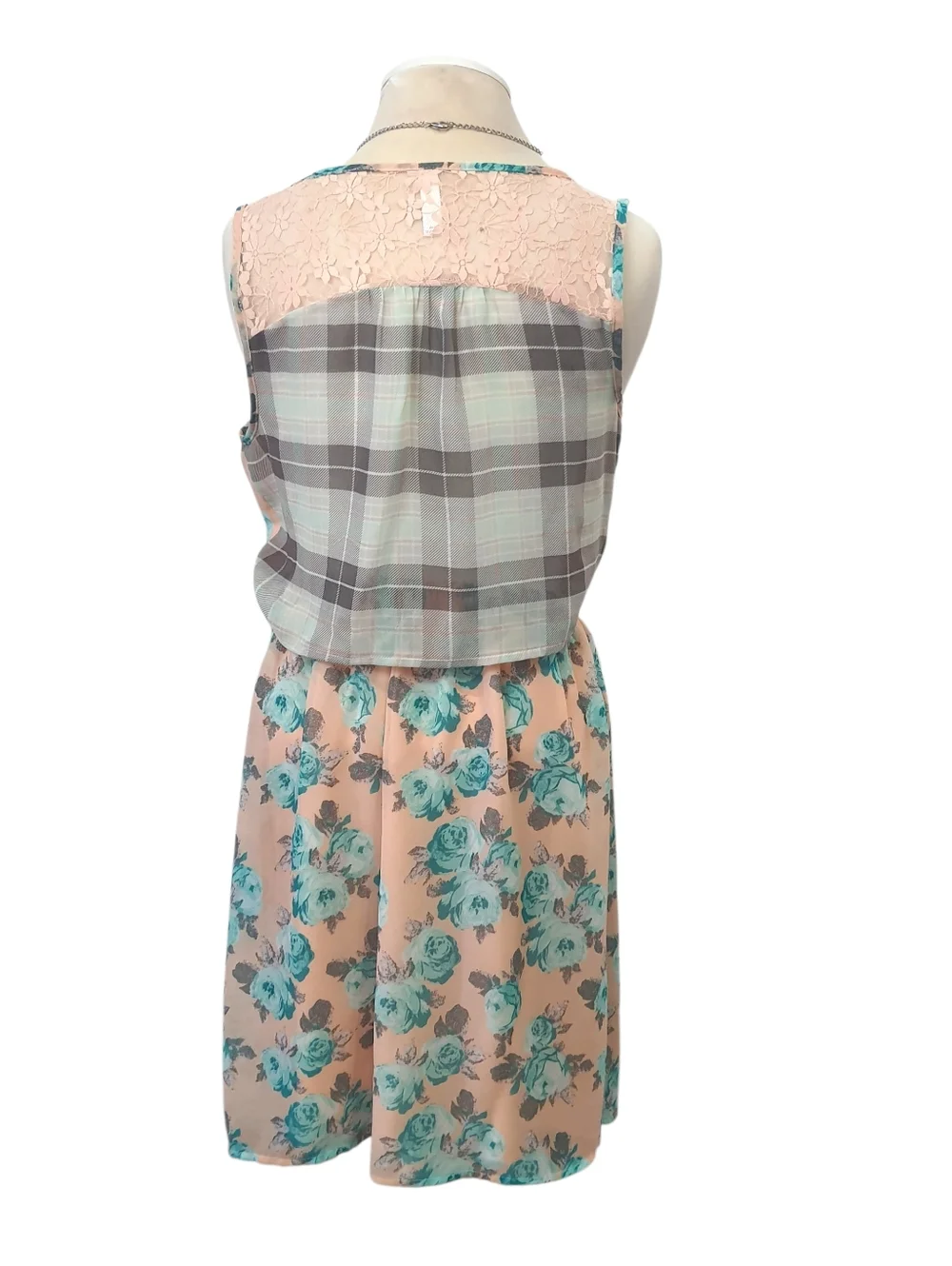 Peach Floral Sleeveless Open-Back Dress with Turquoise Roses - Picture 6 of 7